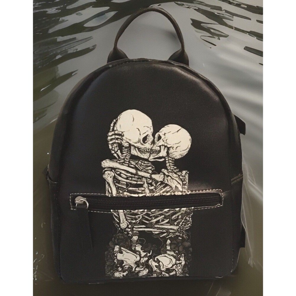 KISSING SKELETONS Gothic Mini Backpack Purse Black White Adjustable Straps NWOT